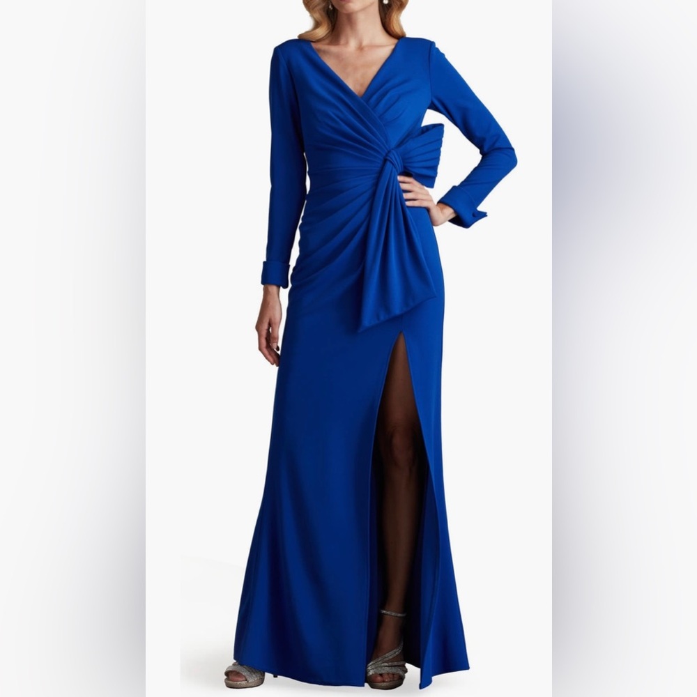 Tadashi Shoji Weldon Draped Half Bow Long Sleeve Gown Blue Size XS